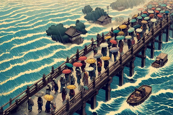 Colorful umbrellas dot a wooden bridge over stylized blue waves near a coastal village while raining, AI generated