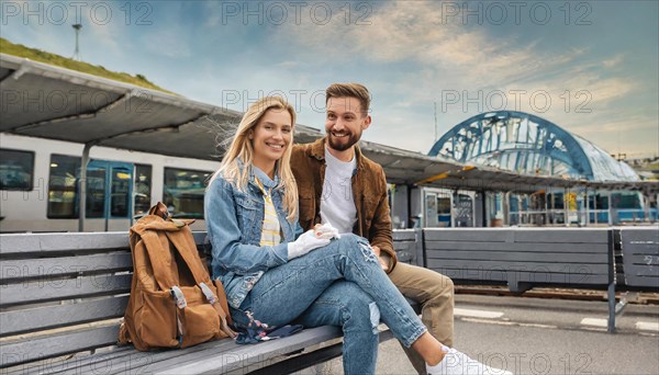 AI generated, A young couple wants to travel and is waiting for the train at the station, 20, 25, blond, blonde, modern, modern, handbag, fur jacket, boots, sexy, attractive, attractive, long-haired, transport, traffic