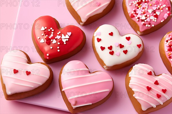 Heart shaped cookies with pink and red sugar icing. KI generiert, generiert AI generated