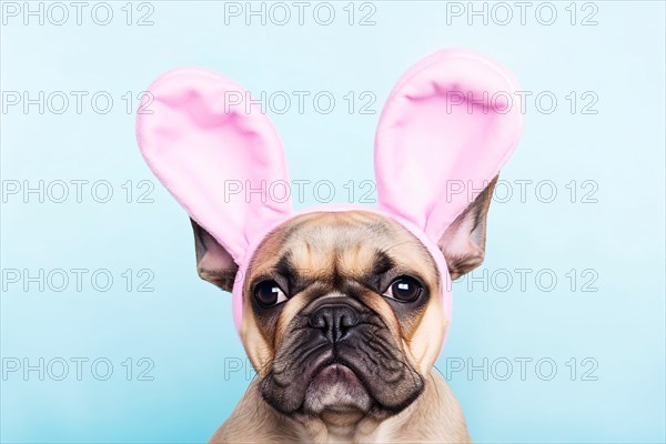 Cute French Bulldog dog with large pink Easter bunny ears on blue background. KI generiert, generiert AI generated