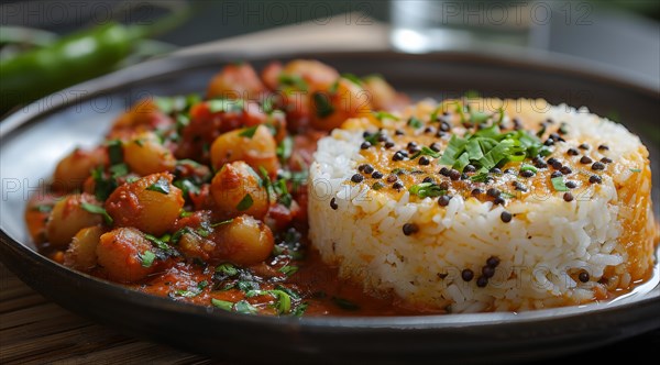 Spicy chickpeas on top of white rice garnished with sesame seeds and herbs served on a plate, ai generated, AI generated