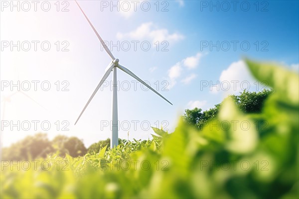 Eindmill turbine with green grass and trees. KI generiert, generiert AI generated