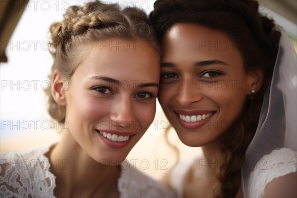 Homosexual wedding couple with two interracial beautiful young brides. KI generiert, generiert AI generated