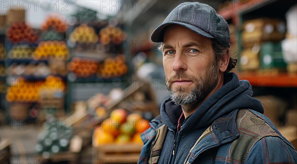 Thoughtful man wearing a cap and jacket standing in a market amidst produce, ai generated, AI generated