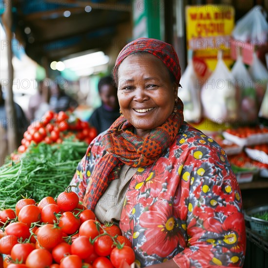Elderly woman wearing a colorful scarf smiling by a stall with tomatoes and greens, ai generated, AI generated