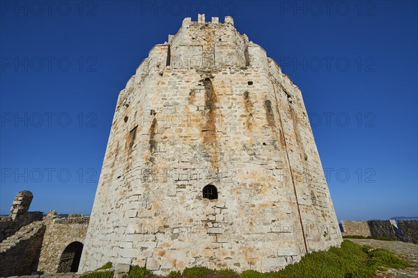 Detailed view of a round castle tower against the sky, sea fortress Methoni, Peloponnese, Greece, Europe