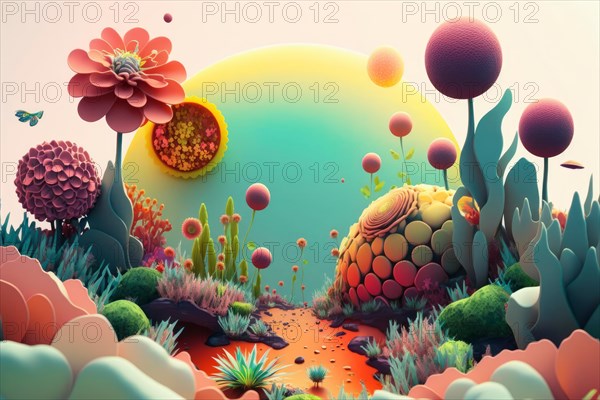 Dreamy 3D illustration of a garden with fantasy flowers and vibrant abstract shapes, Spring garden background illustration, generated ai, AI generated