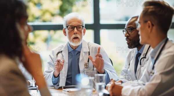Senior doctor speaking with engaged healthcare professionals in a conference room, ai generated, AI generated