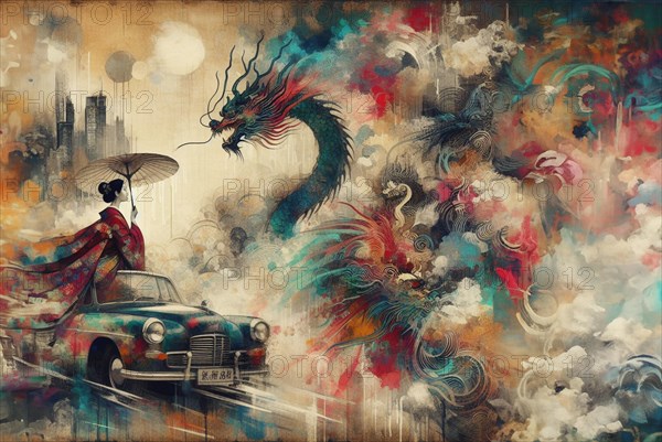 Dynamic urban fantasy with dragons swirling around a woman and a classic car, japanese themed shunga style based, AI Generated, AI generated