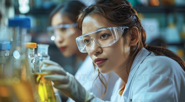 Research scientist investigating a yellow liquid in a beaker, ai generated, AI generated