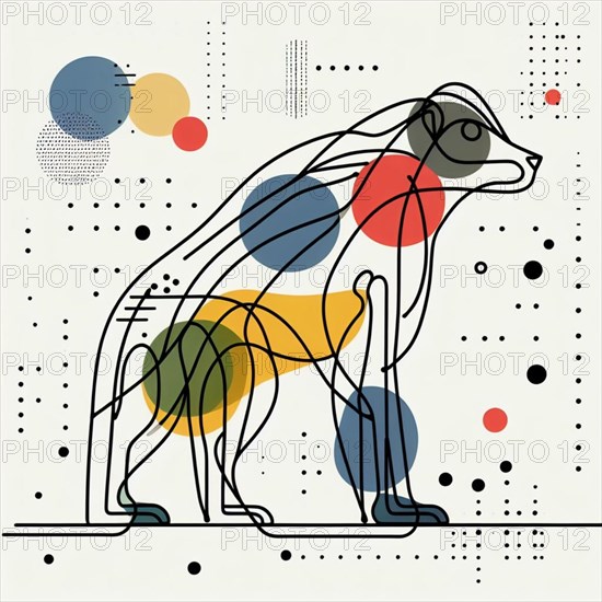 Modern geometric depiction of a bear with colorful abstract patterns, continuous line art, creature is stylized and simplified to the most basic geometric forms, exaggerated features, adorned with splashes of primary colors, clean white solid background, with subtle geometric shapes and thin, straight lines that intersect with dotted nodes and overlap the figures. The overall aesthetic is modern and contemporary, AI generated