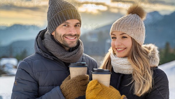 AI generated, human, humans, person, persons, man, woman, woman, 25, 30, years, couple, two persons, outdoor shot, ice, snow, winter, seasons, drinks, drinking, coffee to go, coffee, coffee mug, cap, bobble hat, gloves, winter jacket, cold, coldness