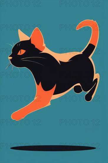 Stylized illustration of a black cat stretching on a teal background, minimalist vintage design muted faded, bright background, AI Generated, AI generated