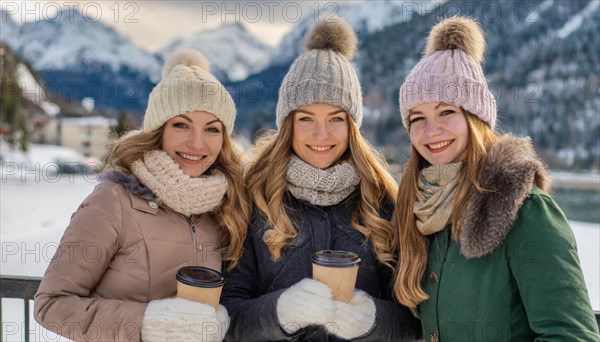 AI generated, human, humans, person, persons, woman, woman, three persons, coffee, coffee mug, coffee to go, outdoor shot, ice, snow, winter, seasons, drinks, drinking, cap, bobble hat, gloves, winter jacket, cold, cold, portrait
