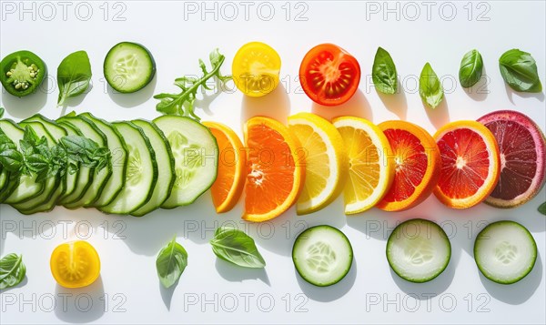 Citrus fruits and vegetables on a white background. Healthy food concept. AI generated