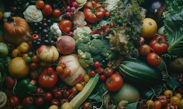 Tomatoes background. Top view of different varieties of tomatoes. Vegetables background. AI generated