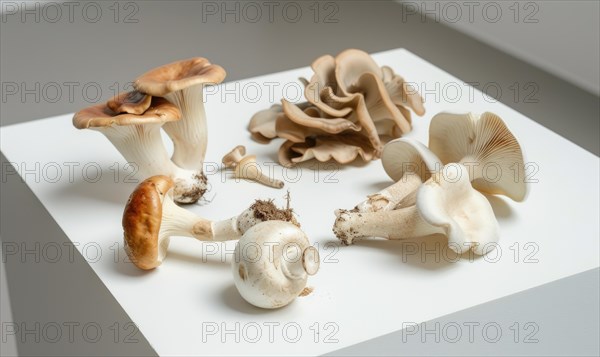 Mushrooms on a white table. Shallow depth of field. AI generated