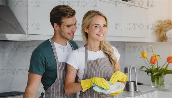 AI generated, woman, woman, man, men, 30, 35, blonde, blond, blonde, kitchen, sink, kitchen table, dishes, washing up, washing dishes, plates, cups, glasses, dishcloth, gloves, cleaning, water, polishing cloth, polishing, clean, cleanliness, housewife, mother, family, two people