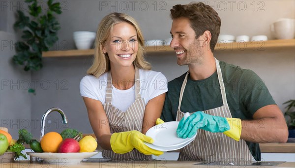 AI generated, woman, woman, man, men, 30, 35, blonde, blond, blonde, kitchen, sink, kitchen table, dishes, washing up, washing dishes, plates, cups, glasses, dishcloth, gloves, cleaning, water, polishing cloth, polishing, clean, cleanliness, housewife, mother, family, two people