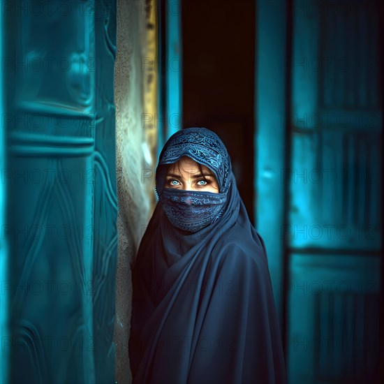 Young Muslim woman with expressive blue eyes and dressed in a blue traditional garment called hischab, AI generated, AI generated