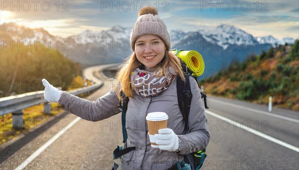 AI generated, human, humans, person, persons, woman, woman, one person, 20, 25, years, outdoor, seasons, cap, bobble hat, gloves, winter jacket, cold, cold, backpack, woman wants to travel, hitchhiking, hitchhiking, hitchhiking, road, motorway, coffee to go in hand, coffee, drink
