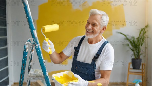 AI generated, man, men, a painter paints a wall with new yellow paint, father, renovation of old flat, paint roller, ladder, yellow, paint, 65, years, a, person, occupation, occupations, pastime, family, senior, seniors, smiling, smiling, fun at work, laughing, laughing, laughing