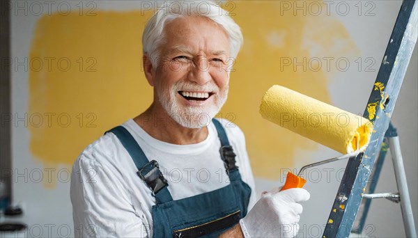 AI generated, man, men, a painter paints a wall with new yellow paint, father, renovation of old flat, paint roller, ladder, yellow, paint, 65, years, a, person, occupation, occupations, pastime, family, senior, seniors, smiling, smiling, fun at work, laughing, laughing, laughing