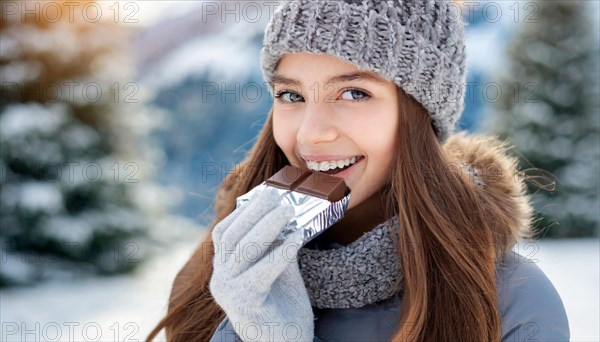 KI generated, Young girl, 15, years, eating a bar of chocolate, one person, outdoor shot, ice, snow, winter, seasons, eating, eating, hat, bobble hat, gloves, winter jacket, cold, coldness