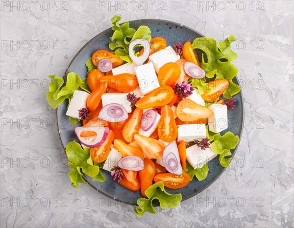 Vegetarian salad with fresh grape tomatoes, feta cheese, lettuce and onion on blue ceramic plate on gray concrete background, top view, close up, flat lay