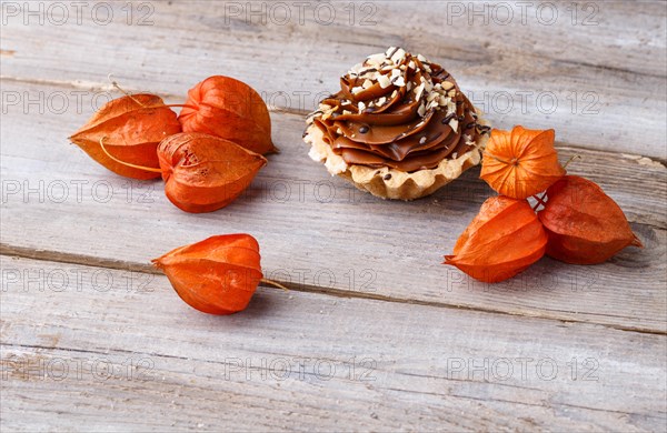 Cake with cream and red physalis on a rustic wooden background