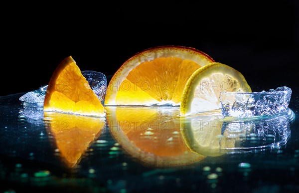 Transparent slices of fresh oranges and lemons on the glass with ice