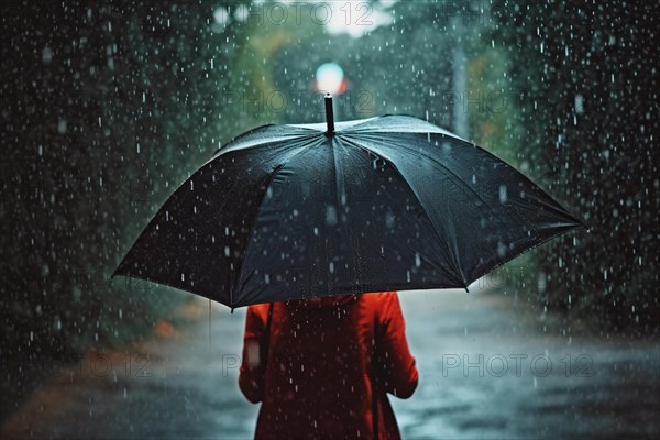 Back view of person with large black umbrella in rain. KI generiert, generiert AI generated