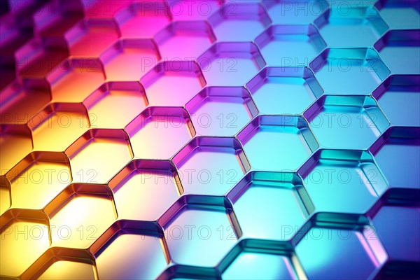 Metallic honeycomb pattern illuminated with vibrant gradient colors abstract background, AI generated