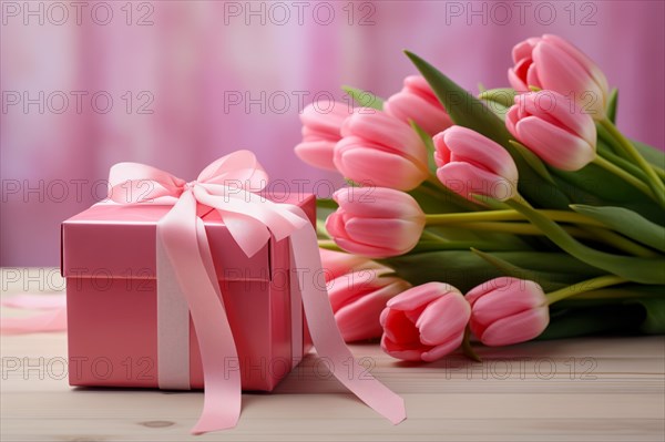 Gift Box with Pink Ribbon Beside bouquet of Fresh Tulips on Bokeh Background. Good for Valentine day, March 8, mother day, spring holidays, birthday designs, AI generated