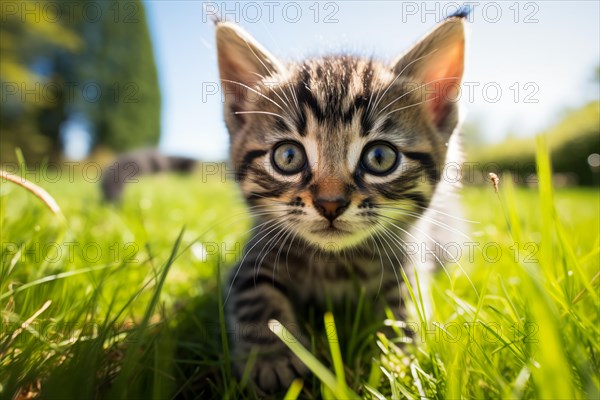 Playful Cute Kitten outdoors in Sunlit Grass. Kitten excitement and wonder as it explores the natural environment on a sunny day, AI generated