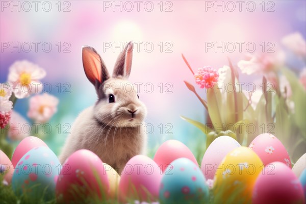 Cute Easter bunny sits beside colorful, decorated eggs amidst a vibrant green field under the bright, sunny sky. The festive spirit of Easter and the joy of nature, AI generated