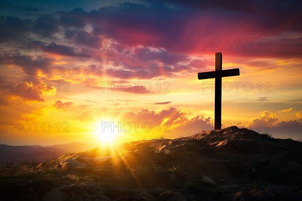 Easter concept cross on Golgotha Calvary hill against a dramatic sunset, AI generated