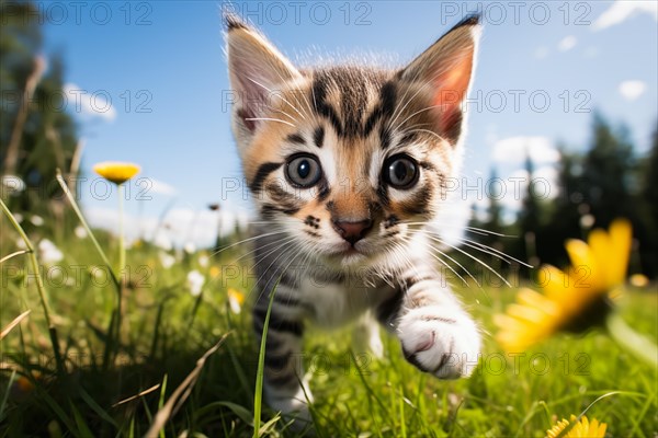 Playful Cute Kitten outdoors in Sunlit Grass. Kitten excitement and wonder as it explores the natural environment on a sunny day, AI generated