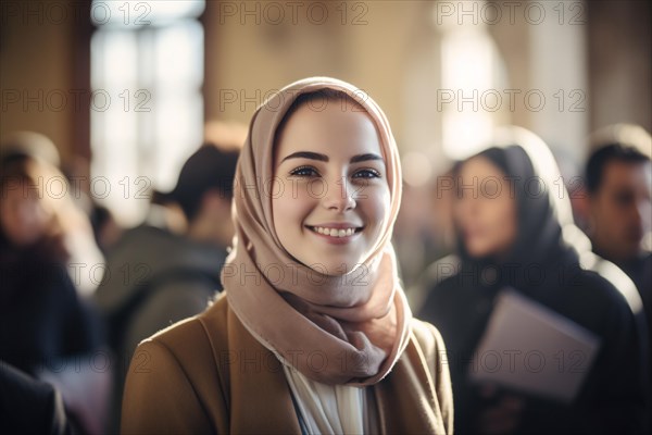 Young smiling muslim woman with hijab headscarf with blurry people in background at school or university. KI generiert, generiert AI generated