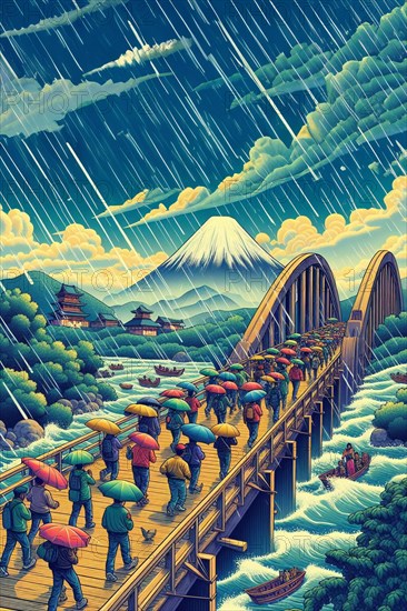 Illustration of people under umbrellas on a bridge over a river with Mount Fuji in the background, ukiyo-e style, AI generated