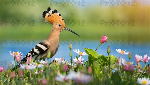 KI generated, animal, animals, bird, birds, biotope, habitat, a, individual, water, reeds, water lilies, blue sky, foraging, wildlife, hoopoe (Upupa epops), treehoppers, summer, flowers