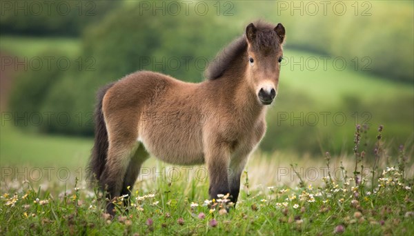 KI generated, animal, animals, mammal, mammals, biotope, habitat, one, individual animal, foraging, wildlife, meadow, pasture, Exmoor pony, horse, horses, ungulates, English pony breed, South West England, Exmoor, (Equus ferus caballus), foal, flower meadow