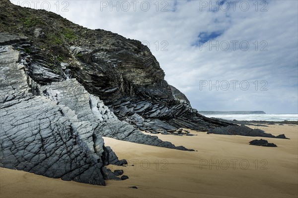 Rocky beach landscape, rocks, sea, Atlantic coast, rocky coast, rock, beach, earth history, travel, rock layers, rock formation, natural landscape, geology, travel, nature, Southern Europe, Carrapateira, Algarve, Portugal, Europe