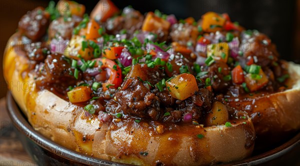 Japanese bunny chow with melting cheese and green onions on a dark plate, ai generated, AI generated