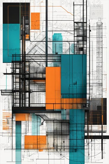 Modern abstract artwork featuring architectural blueprints with teal and orange highlights, vertical aspect ratio, off white background color AI generated