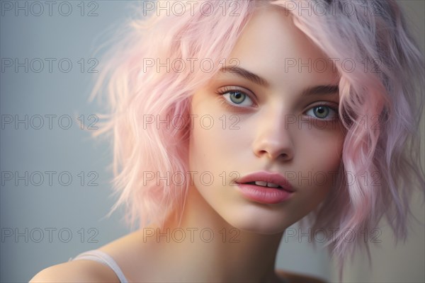 Beautiful young woman with unusual pastel pink and violet hair. KI generiert, generiert AI generated