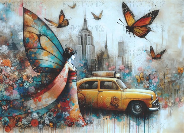 A woman with butterfly wings stands beside a yellow taxi in a floral fantasy cityscape, shunga vintage japanese themed style art, AI generated