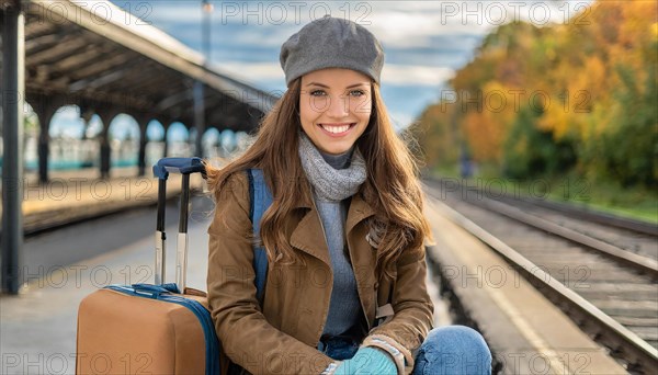 AI generated, A young blonde woman wants to travel and waits for the train at the station, 20, 25, blonde, blond, blonde, modern, modern, aluminium suitcase, handbag, fur jacket, white, sneakers, shoes, sexy, attractive, attractive, long-haired, transport, traffic