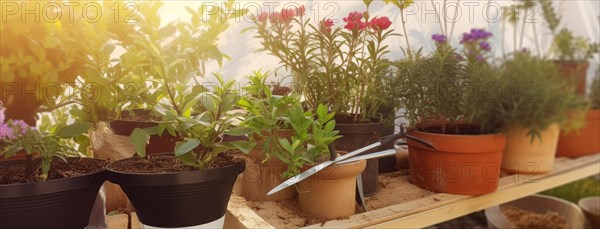 Soil in the flower pots and gardening tools on wooden flat lay background with copy space, AI generated