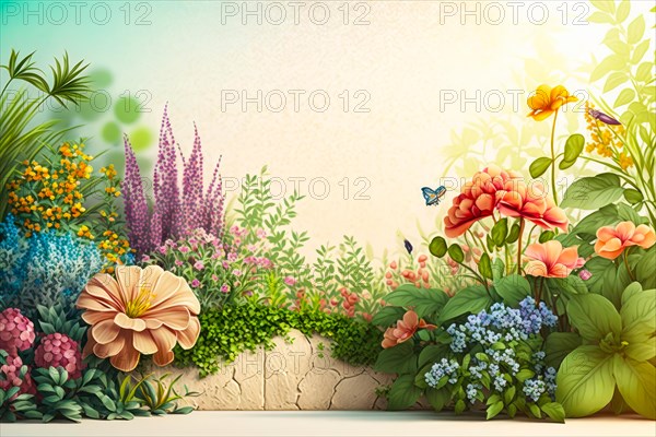 A vibrant garden scene with assorted blooming flowers and a butterfly in bright sunlight, Spring garden background illustration, generated ai, AI generated